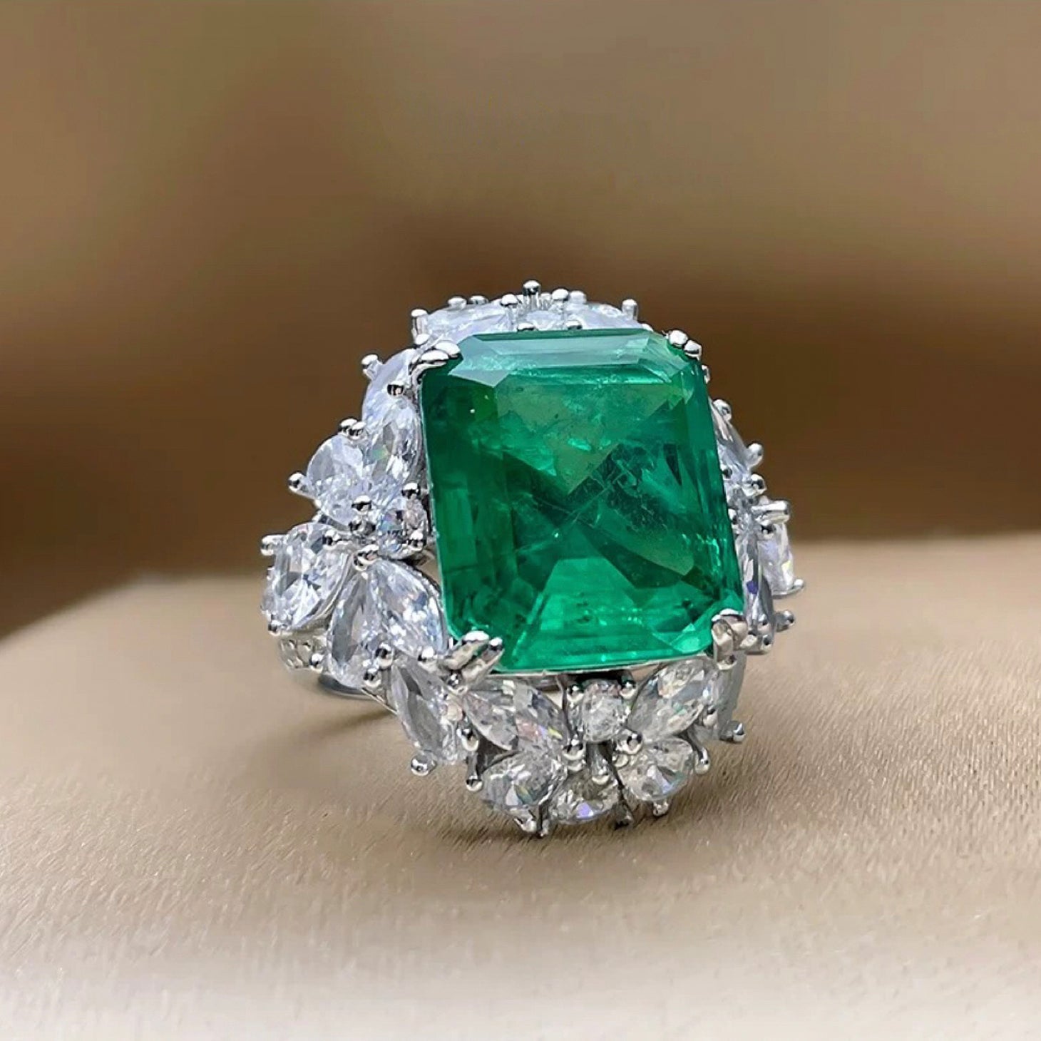 Emerald Green Ring - Queen's Style, Opulent and Dominant, Lavishly Studded with Zircon - High-End Unique Design