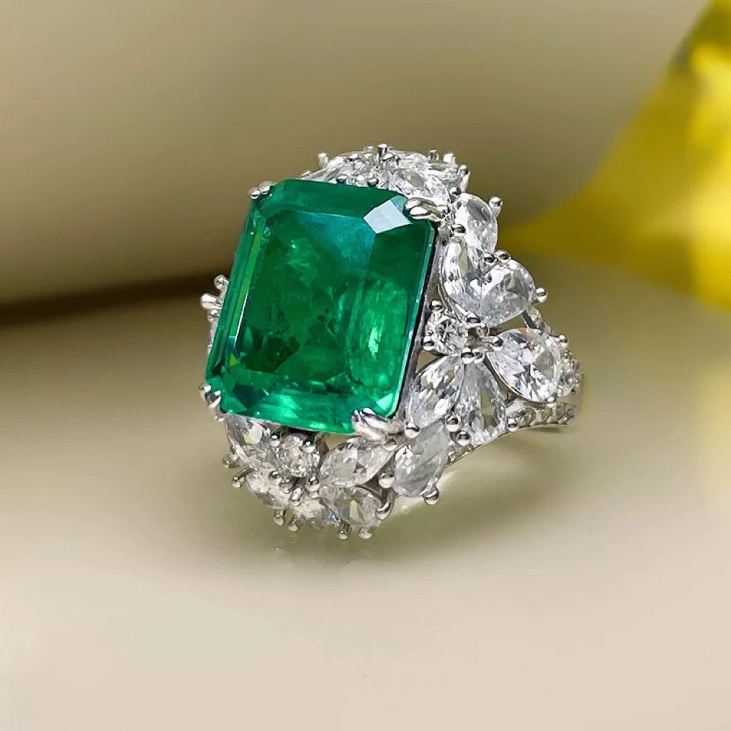 Emerald Green Ring - Queen's Style, Opulent and Dominant, Lavishly Studded with Zircon - High-End Unique Design