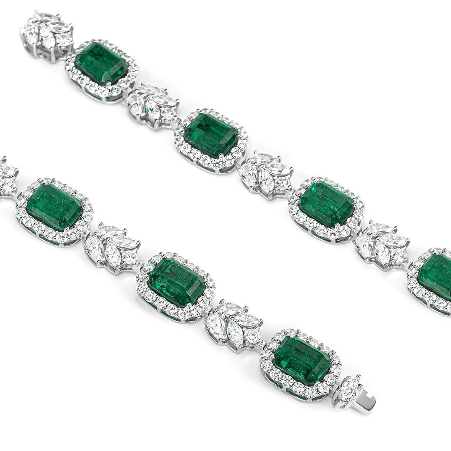 "Luxurious and refined S925 Sterling Silver Bracelet featuring lab-created emerald square-cut stones, exuding elegance and sophistication with a fully adorned design."