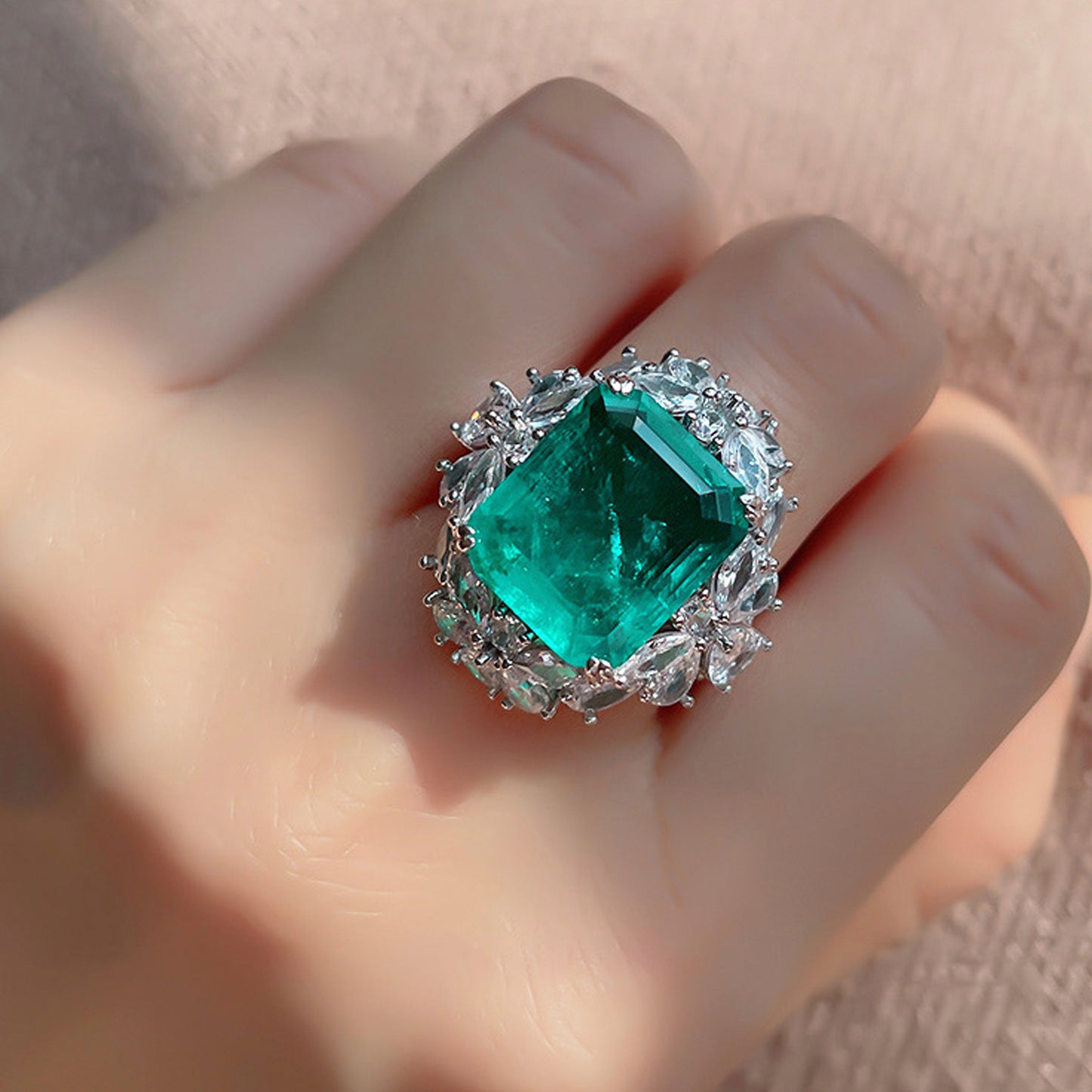 Emerald Green Ring - Queen's Style, Opulent and Dominant, Lavishly Studded with Zircon - High-End Unique Design