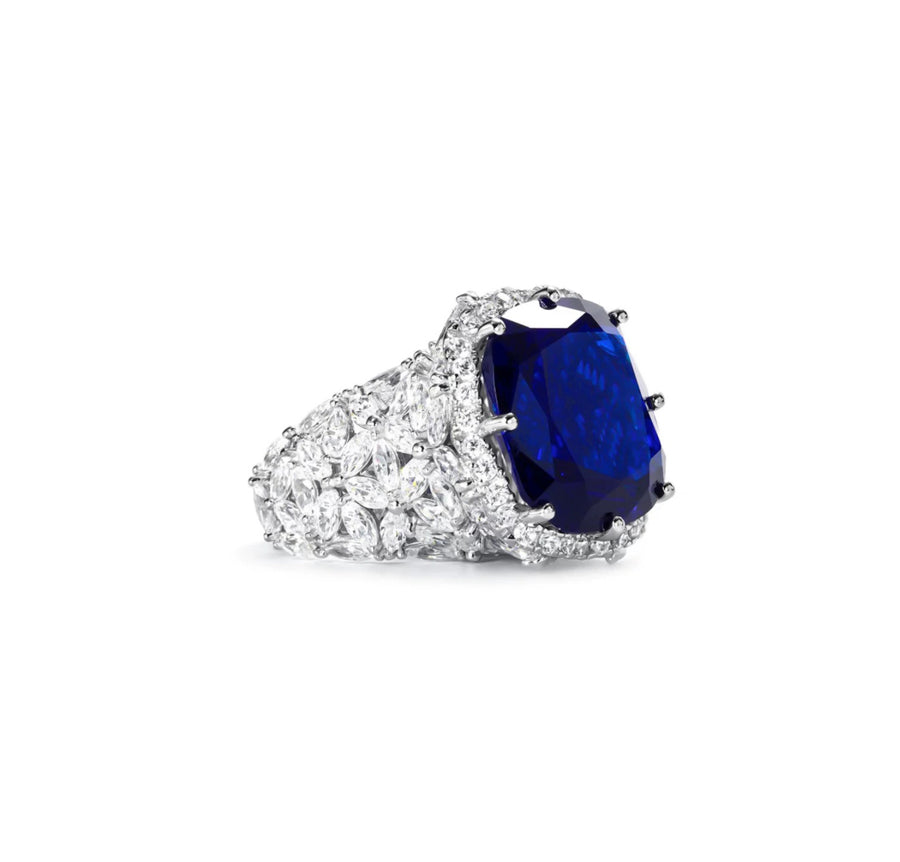 Royal Blue High-Carbon Large Carat Unique Custom High-Table Luxuriously Inlaid Heavy Sapphire Ring