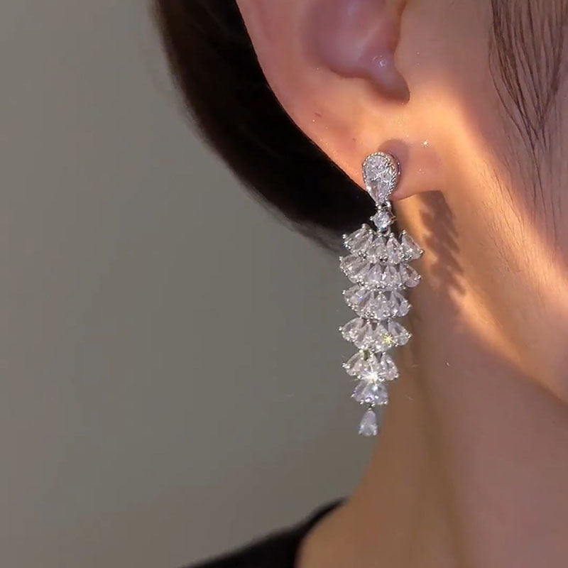 New Trendy Fashion Tassel Full Zircon Design Earrings for Women - Niche and Sophisticated Light Luxury Jewelry